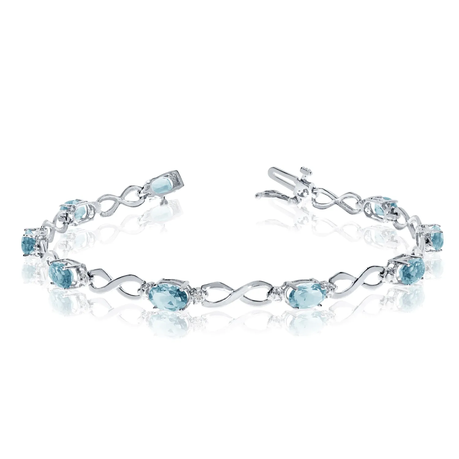 14K White Gold Oval Aquamarine Stones And Diamonds Infinity Tennis Bracelet, 7"