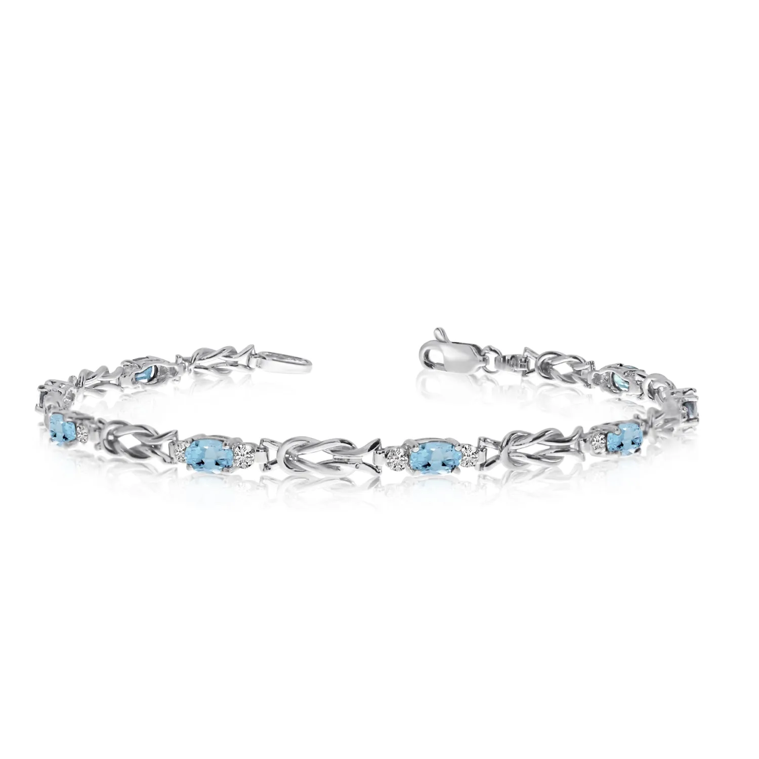 14K White Gold Oval Aquamarine Stones And Diamonds Tennis Bracelet, 7"