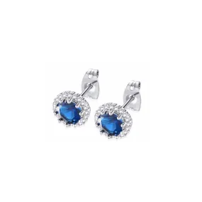 14k White Gold Plated 1 Ct Created Halo Round Blue Sapphire Stud Earrings