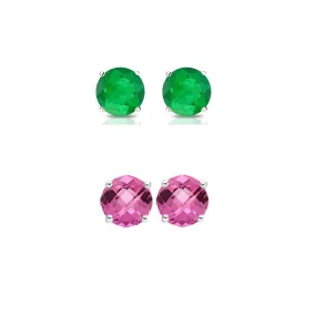 14k White Gold Plated 1/2Ct Created Emerald and Pink sapphire 2 Pair Round Stud Earrings