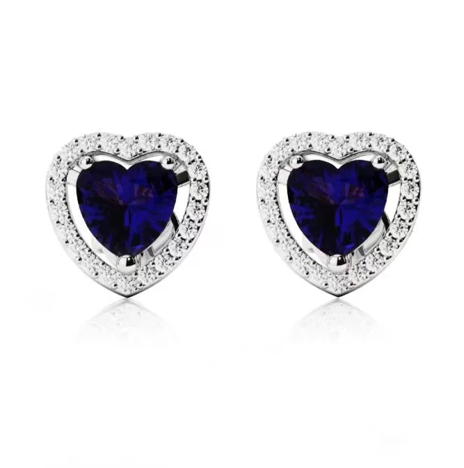 14k White Gold Plated 2 Ct Created Halo Heart Blue Sapphire Stud Earrings