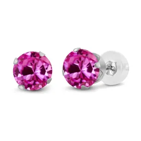 14k White Gold Plated 4 Carat Round Created Pink Sapphire Stud Earrings