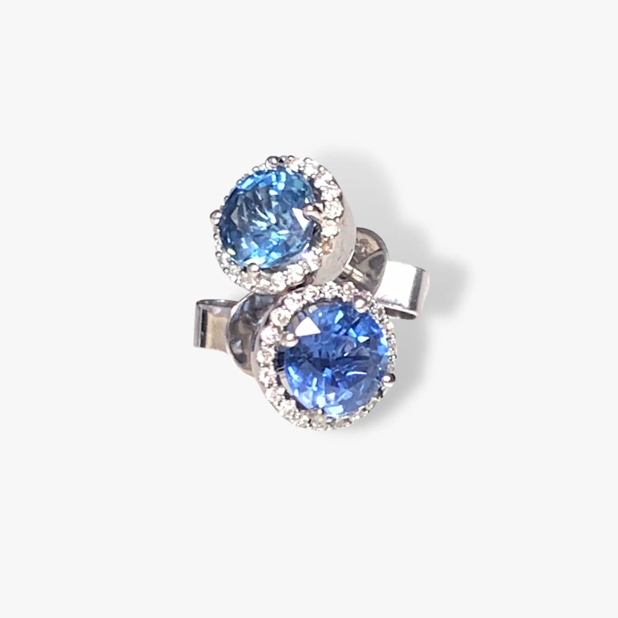 14k White Gold Round Blue Sapphire Diamond Halo Stud Earrings