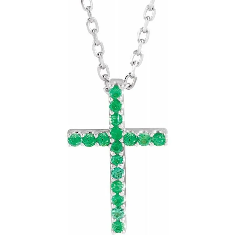 14K White Natural Emerald Petite Cross 16" Necklace