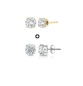 14k Yellow and White Gold Plated 4 Ct Created Round White Sapphire Stud Earrings