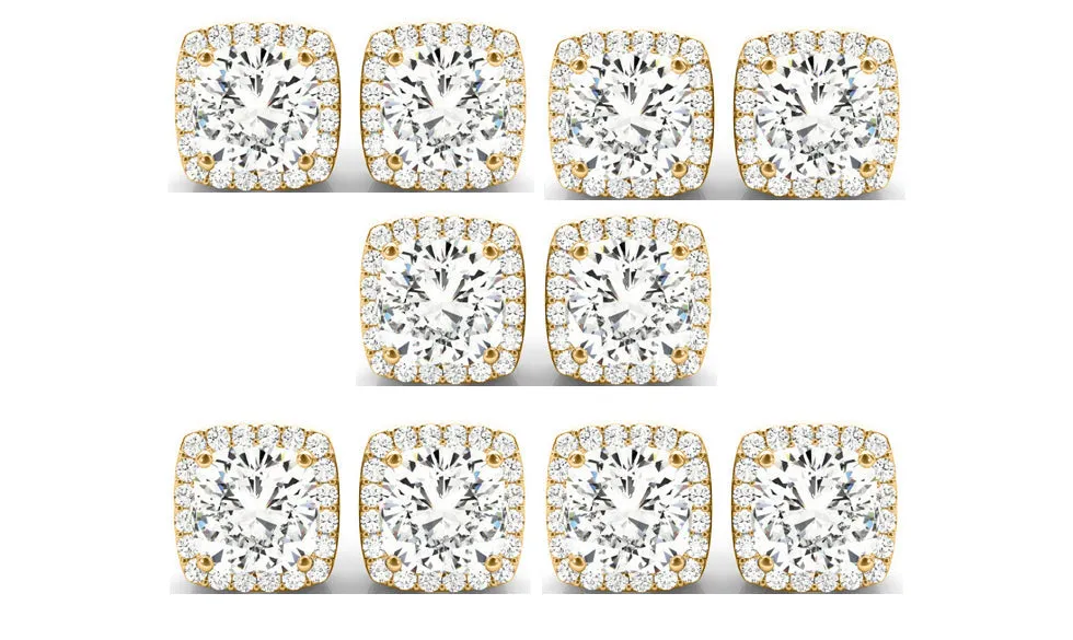 14k Yellow Gold 1/2Ct Cushion Cut White Sapphire Set Of Five Halo Stud Earrings Plated