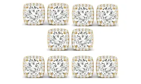 14k Yellow Gold 1/2Ct Cushion Cut White Sapphire Set Of Five Halo Stud Earrings Plated