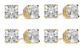 14k Yellow Gold 2Ct Cushion Cut White Sapphire Set Of Four Stud Earrings Plated