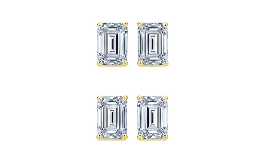 14k Yellow Gold 4Ct Emerald Cut White Sapphire Set Of Two Stud Earrings Plated