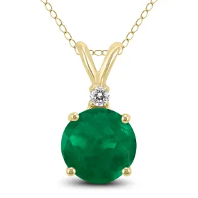 14K Yellow Gold 5Mm Round Emerald And Diamond Pendant