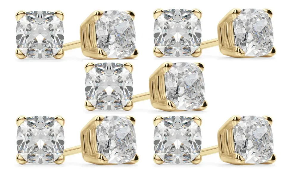 14k Yellow Gold 6mm 1/2Ct Cushion Cut White Sapphire Set Of Five Stud Earrings Plated