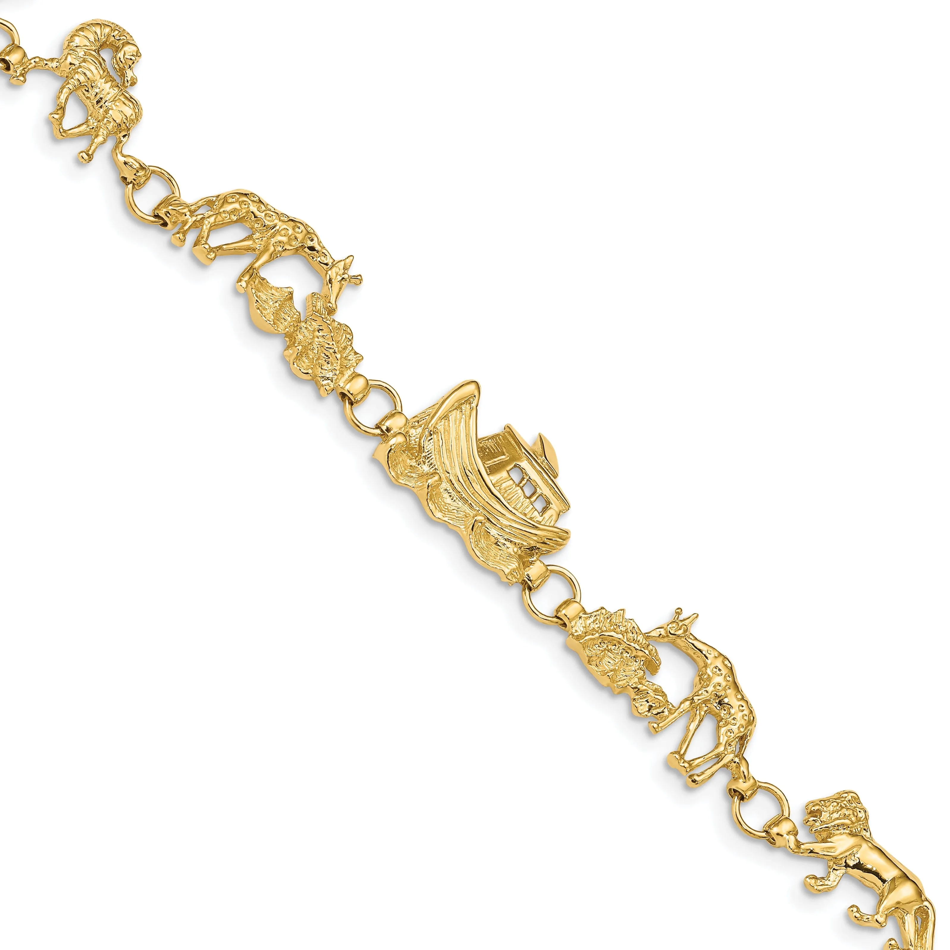 14k yellow gold Noah's Ark bracelet with lions, giraffes, and horses. 7-inch, 11-mm wide