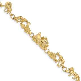 14k yellow gold Noah's Ark bracelet with lions, giraffes, and horses. 7-inch, 11-mm wide