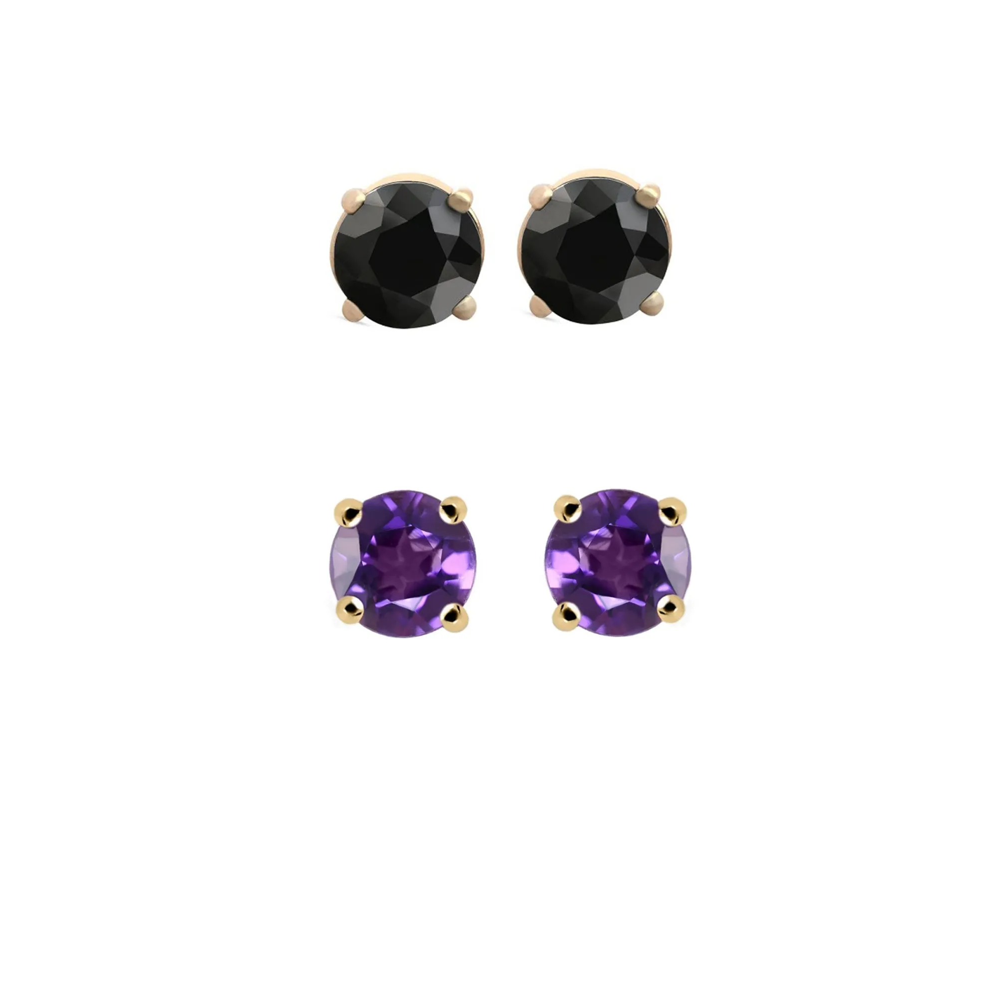 14k Yellow Gold Plated 1/2Ct Created Black Sapphire and Amethyst 2 Pair Round Stud Earrings