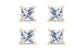 14k Yellow Gold Plated 1/2Ct Princess Cut White Sapphire Set Of Two Stud Earrings