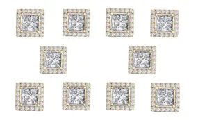 14k Yellow Gold Plated 1/2Ct Square Cut White Sapphire Set of Five Halo Stud Earrings