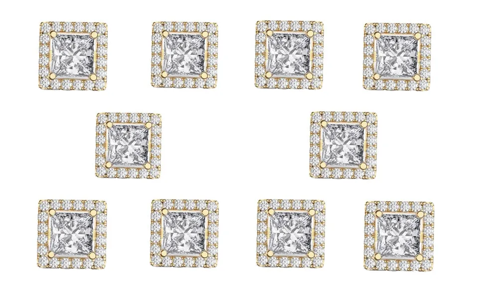 14k Yellow Gold Plated 1/2Ct Square Cut White Sapphire Set of Five Halo Stud Earrings