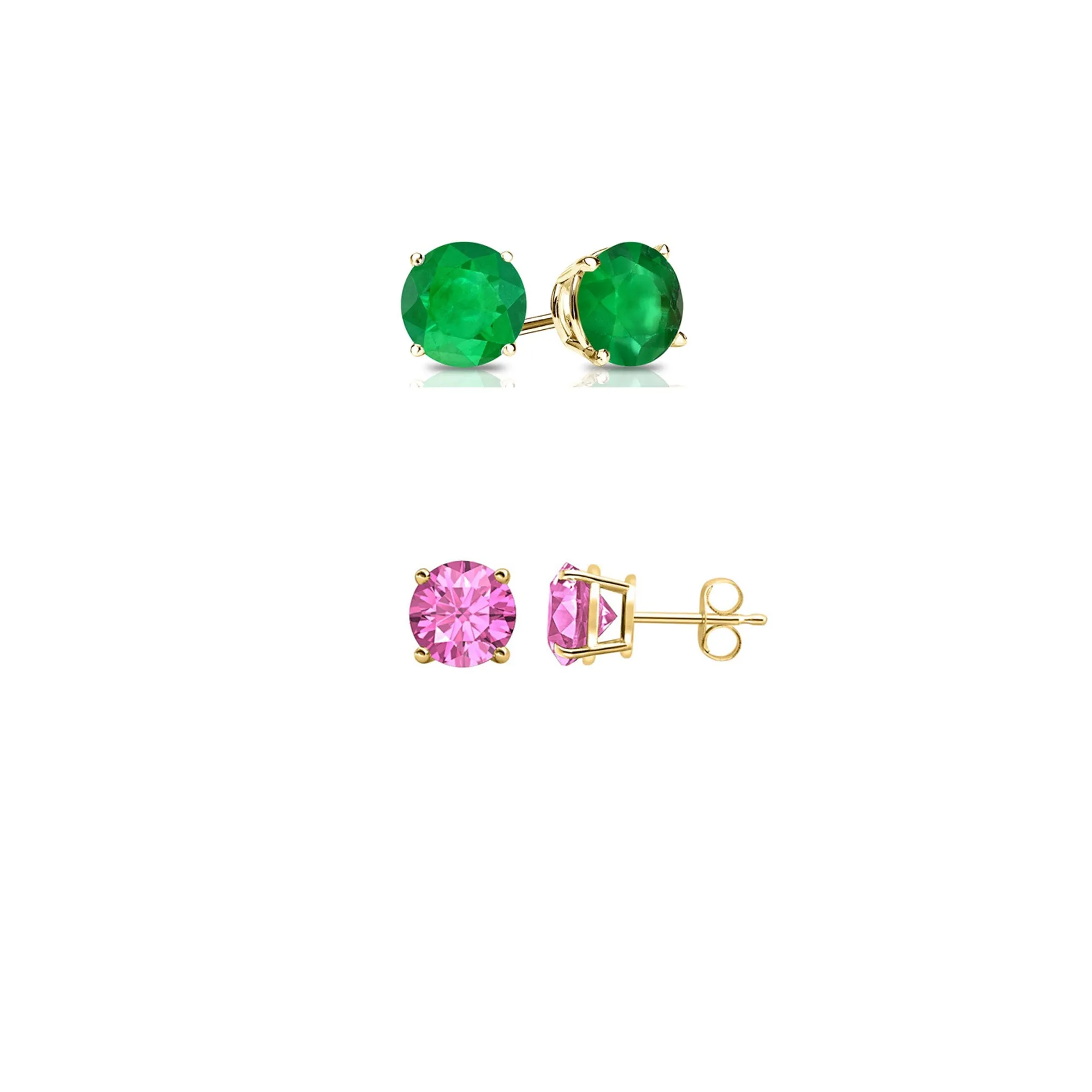 14k Yellow Gold Plated 1Ct Created Emerald and Pink sapphire 2 Pair Round Stud Earrings