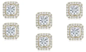 14k Yellow Gold Plated 1Ct Princess Cut White Sapphire Set of Three Halo Stud Earrings