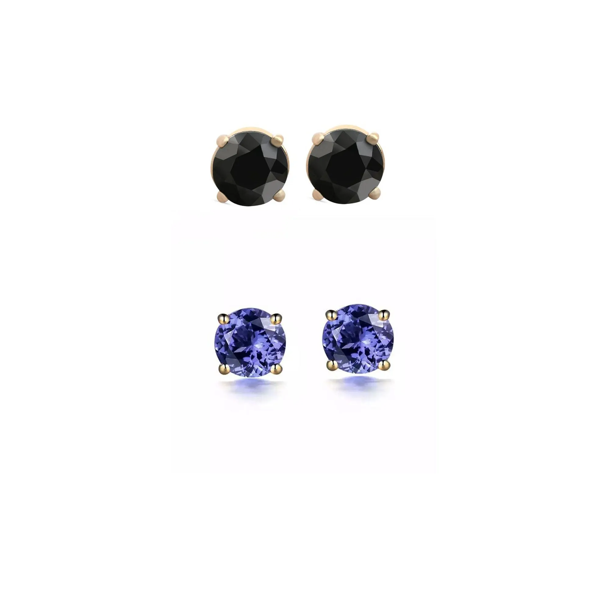 14k Yellow Gold Plated 2Ct Created Black Sapphire and Tanzanite 2 Pair Round Stud Earrings