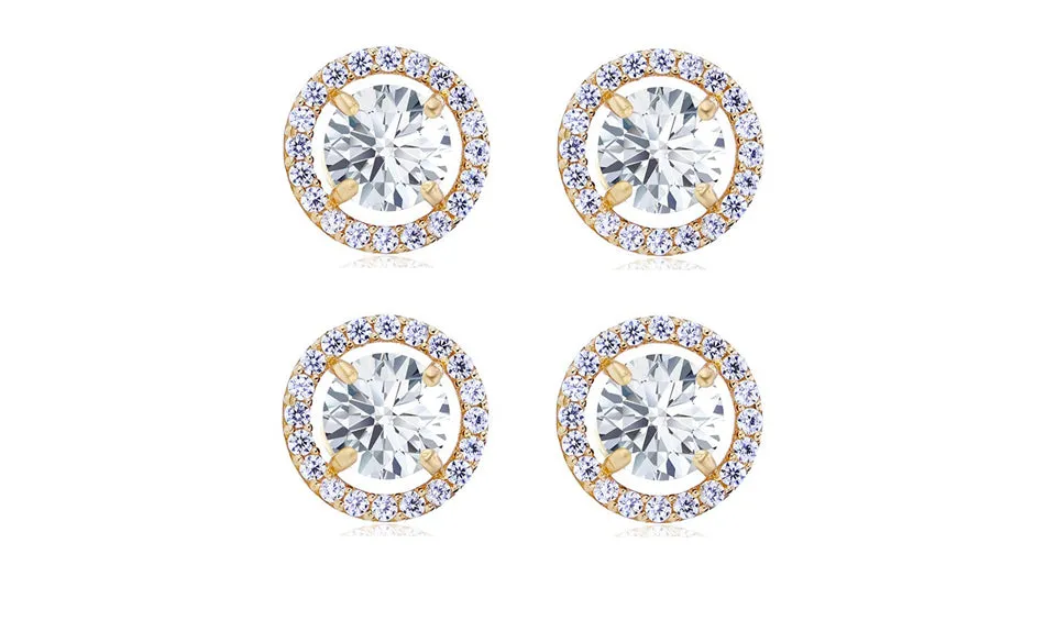 14k Yellow Gold Plated 2Ct Round White Sapphire Set Of Two Halo Stud Earrings