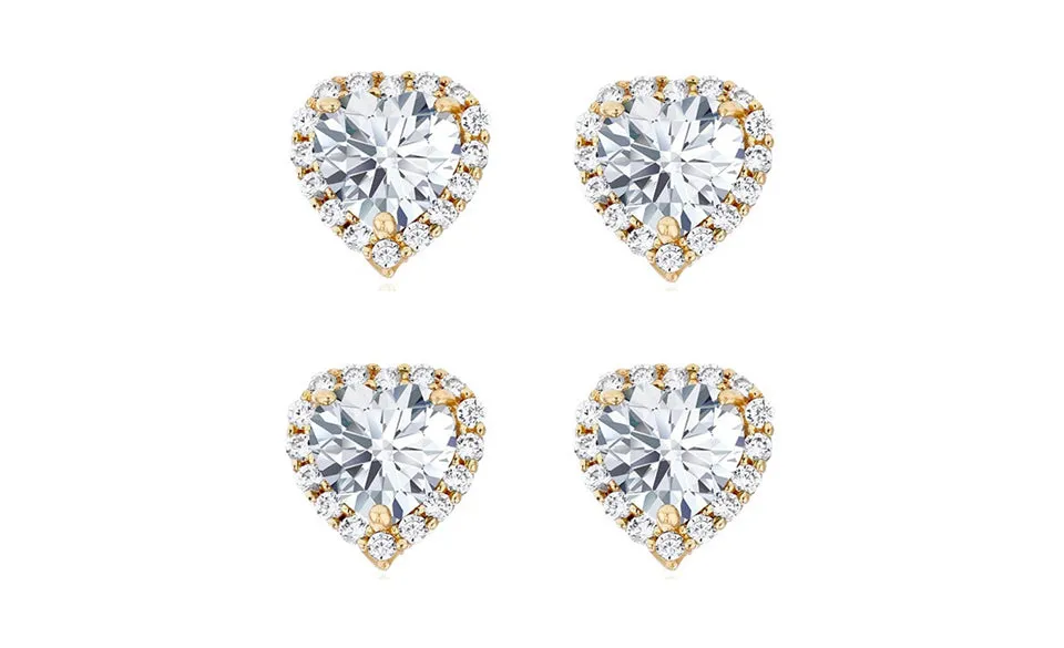 14k Yellow Gold Plated 4mm 1/2Ct Heart White Sapphire Set of Two Halo Stud Earrings