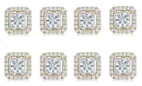 14k Yellow Gold Plated 4mm 1/2Ct Princess Cut White Sapphire Set of Four Halo Stud Earrings