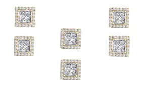 14k Yellow Gold Plated 4mm 1Ct Square Cut White Sapphire Set of Three Halo Stud Earrings