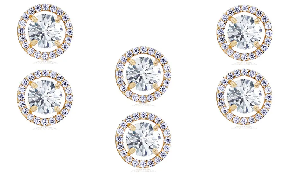 14k Yellow Gold Plated 4mm 2Ct Round White Sapphire Set Of Three Halo Stud Earrings