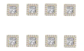 14k Yellow Gold Plated 4mm 4Ct Square Cut White Sapphire Set of Four Halo Stud Earrings