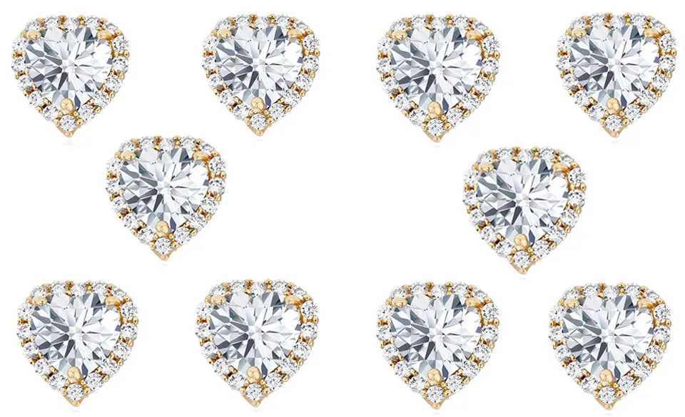 14k Yellow Gold Plated 6mm 1Ct Heart White Sapphire Set of Five Halo Stud Earrings