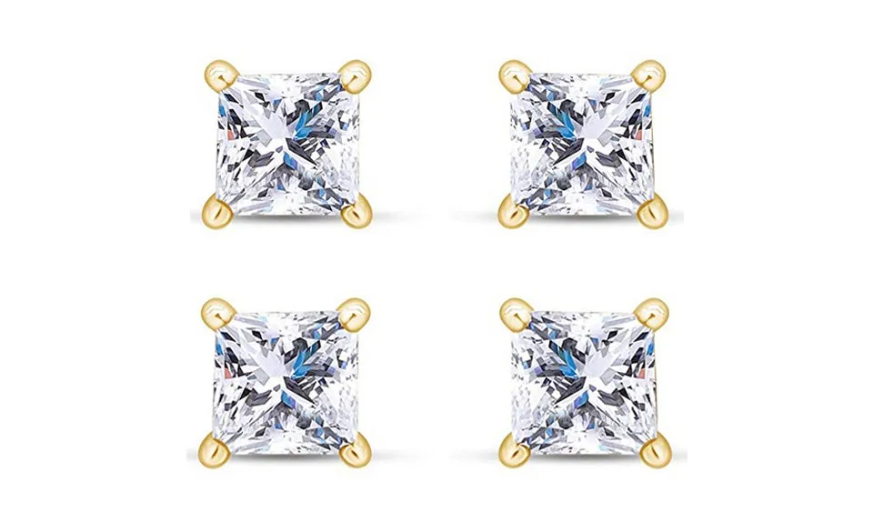 14k Yellow Gold Plated 6mm 1Ct Princess Cut White Sapphire Set Of Two Stud Earrings