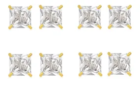 14k Yellow Gold Plated 6mm 3Ct Square Cut White Sapphire Set Of Four Stud Earrings