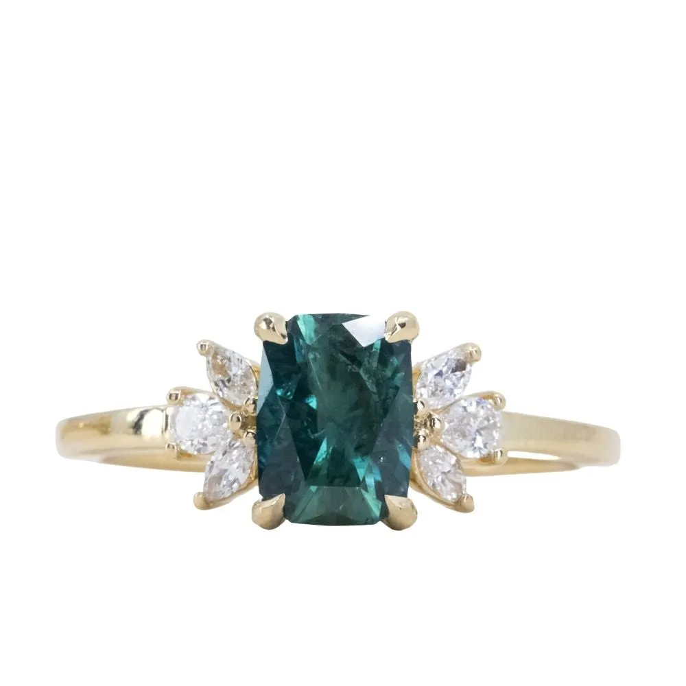 1.67ct Radiant Cut Deep Teal Blue Montana Sapphire and Lab Grown Marquise Diamond Cluster Ring in 14k Yellow Gold