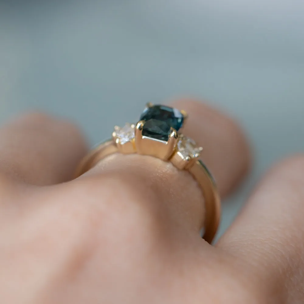 1.67ct Radiant Cut Deep Teal Blue Montana Sapphire and Lab Grown Marquise Diamond Cluster Ring in 14k Yellow Gold