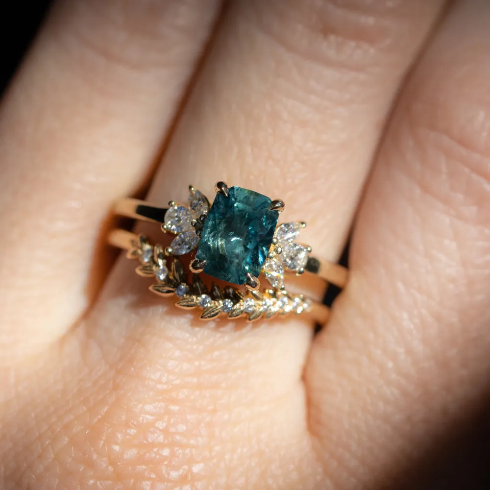 1.67ct Radiant Cut Deep Teal Blue Montana Sapphire and Lab Grown Marquise Diamond Cluster Ring in 14k Yellow Gold