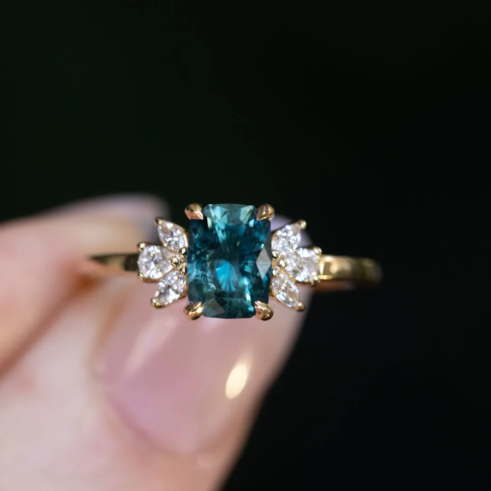 1.67ct Radiant Cut Deep Teal Blue Montana Sapphire and Lab Grown Marquise Diamond Cluster Ring in 14k Yellow Gold