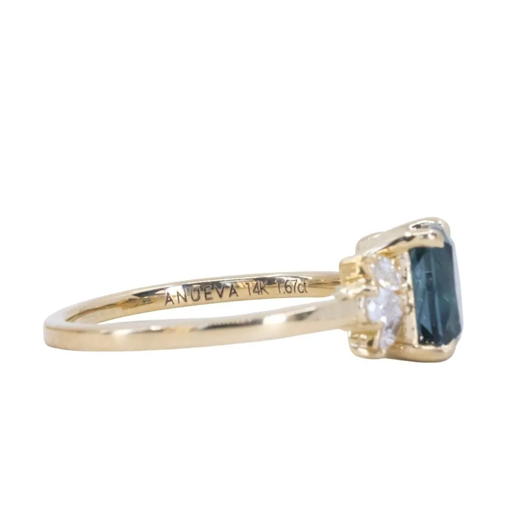 1.67ct Radiant Cut Deep Teal Blue Montana Sapphire and Lab Grown Marquise Diamond Cluster Ring in 14k Yellow Gold