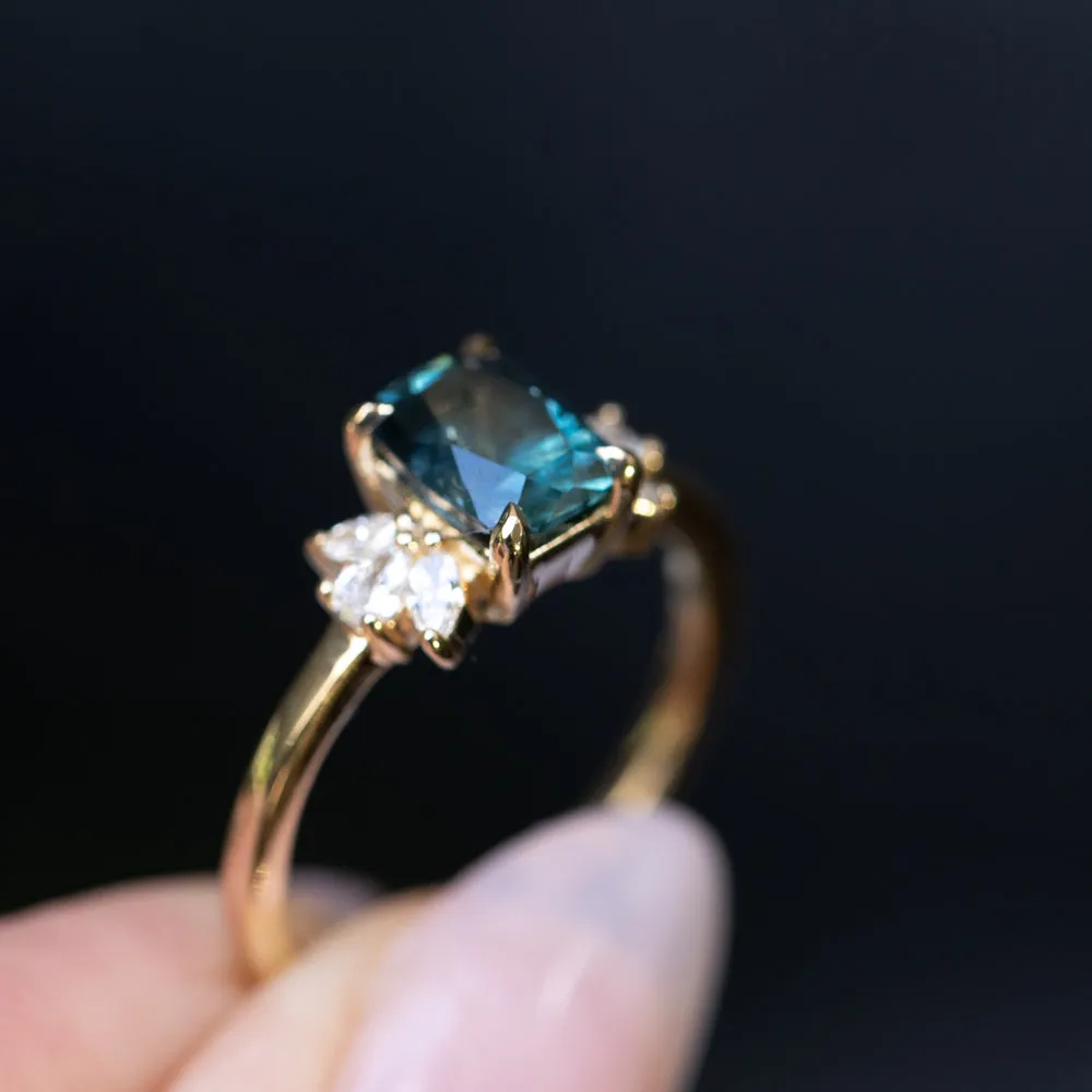 1.67ct Radiant Cut Deep Teal Blue Montana Sapphire and Lab Grown Marquise Diamond Cluster Ring in 14k Yellow Gold