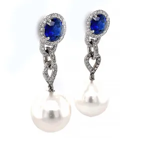 18 kt hanging earrings with sapphires and pearls