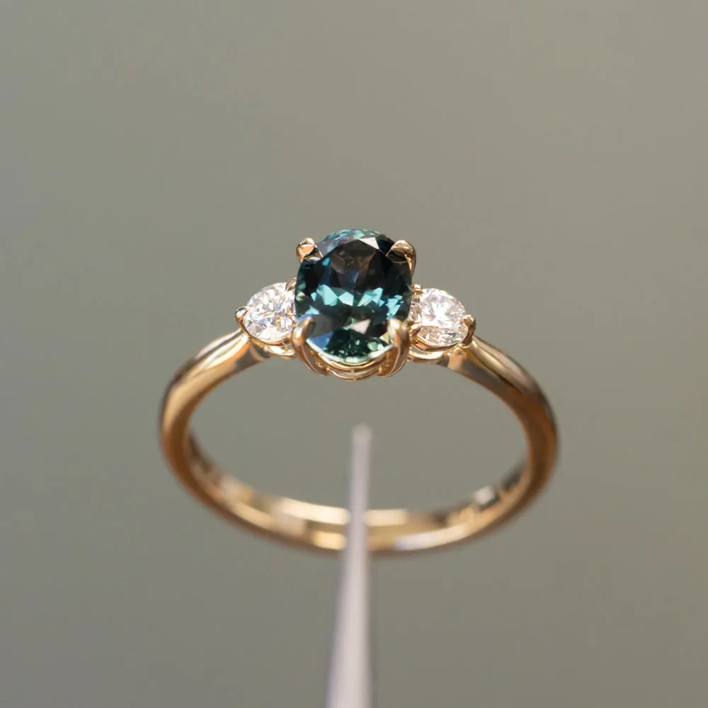 1.87ct Oval Untreated Songean Ocean Blue Sapphire and Lab Grown Diamond Dainty Three Stone Ring in 18k Yellow Gold