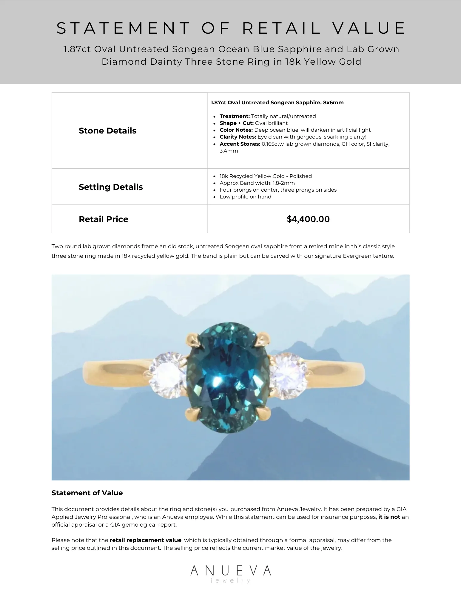 1.87ct Oval Untreated Songean Ocean Blue Sapphire and Lab Grown Diamond Dainty Three Stone Ring in 18k Yellow Gold