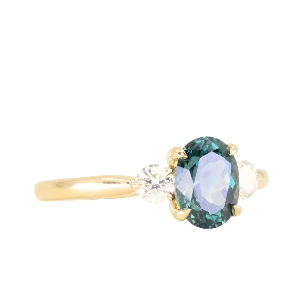 1.87ct Oval Untreated Songean Ocean Blue Sapphire and Lab Grown Diamond Dainty Three Stone Ring in 18k Yellow Gold