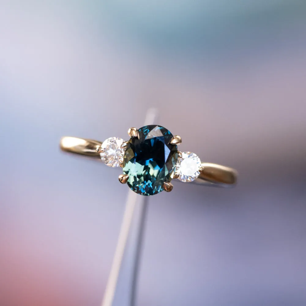 1.87ct Oval Untreated Songean Ocean Blue Sapphire and Lab Grown Diamond Dainty Three Stone Ring in 18k Yellow Gold