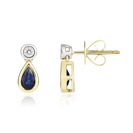 18ct Yellow & White Gold Pear Shaped Sapphire & Round Diamond Two Stone Earrings 5x3mm