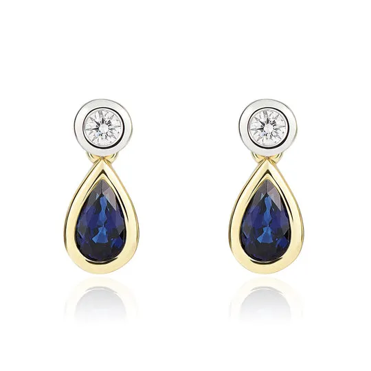 18ct Yellow & White Gold Pear Shaped Sapphire & Round Diamond Two Stone Earrings 5x3mm