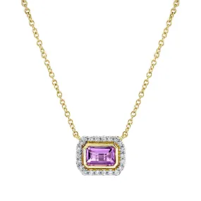 18K Gold Diamond Halo Amethyst Pendant Necklace