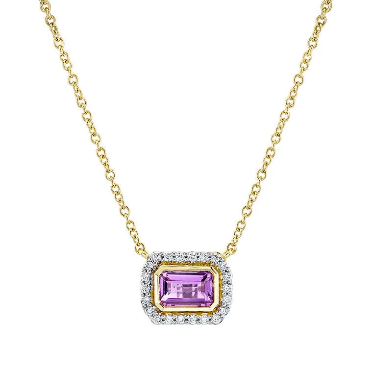 18K Gold Diamond Halo Amethyst Pendant Necklace