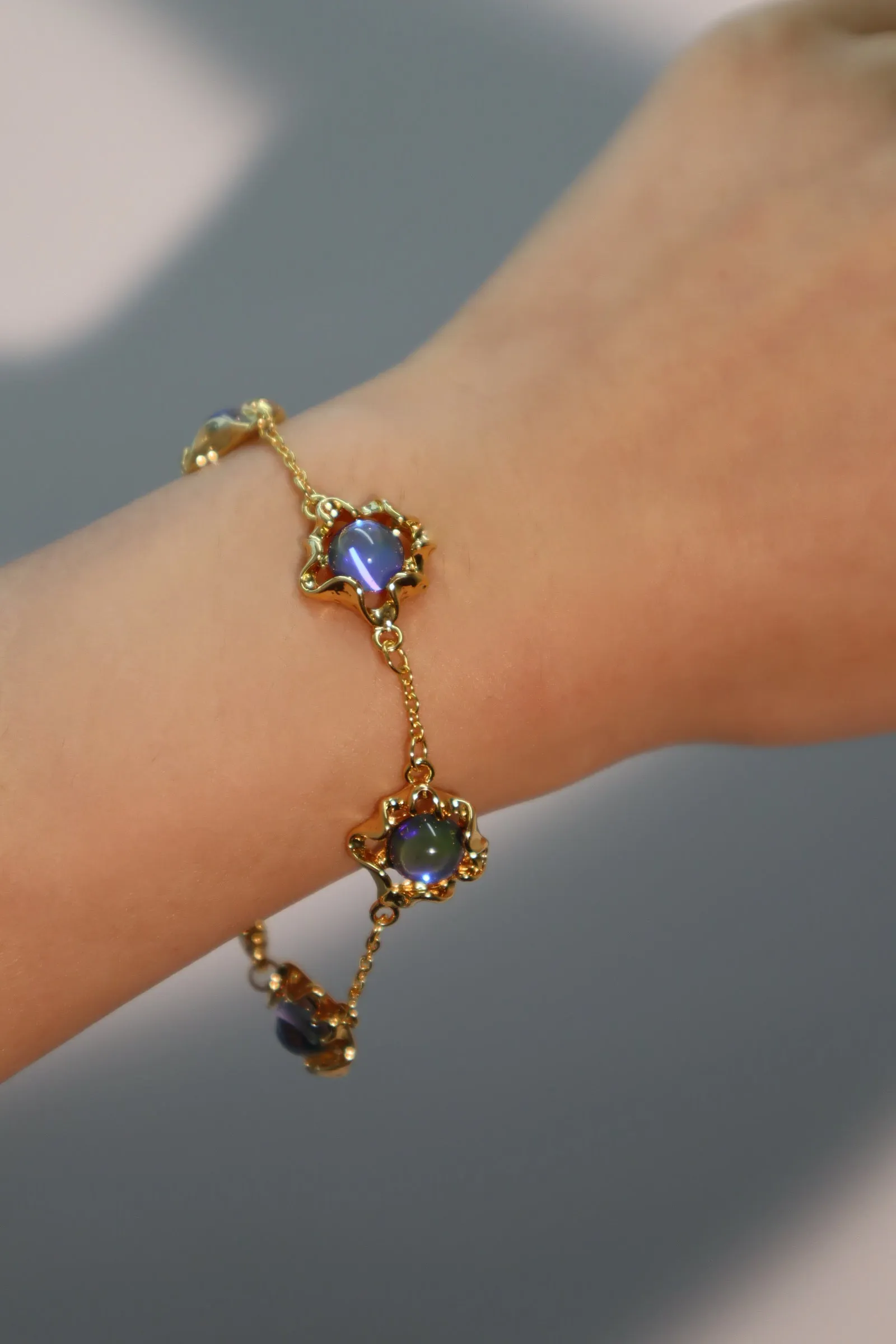 18K Real Gold Plated Multi Deep Blue Moonstones Bracelet