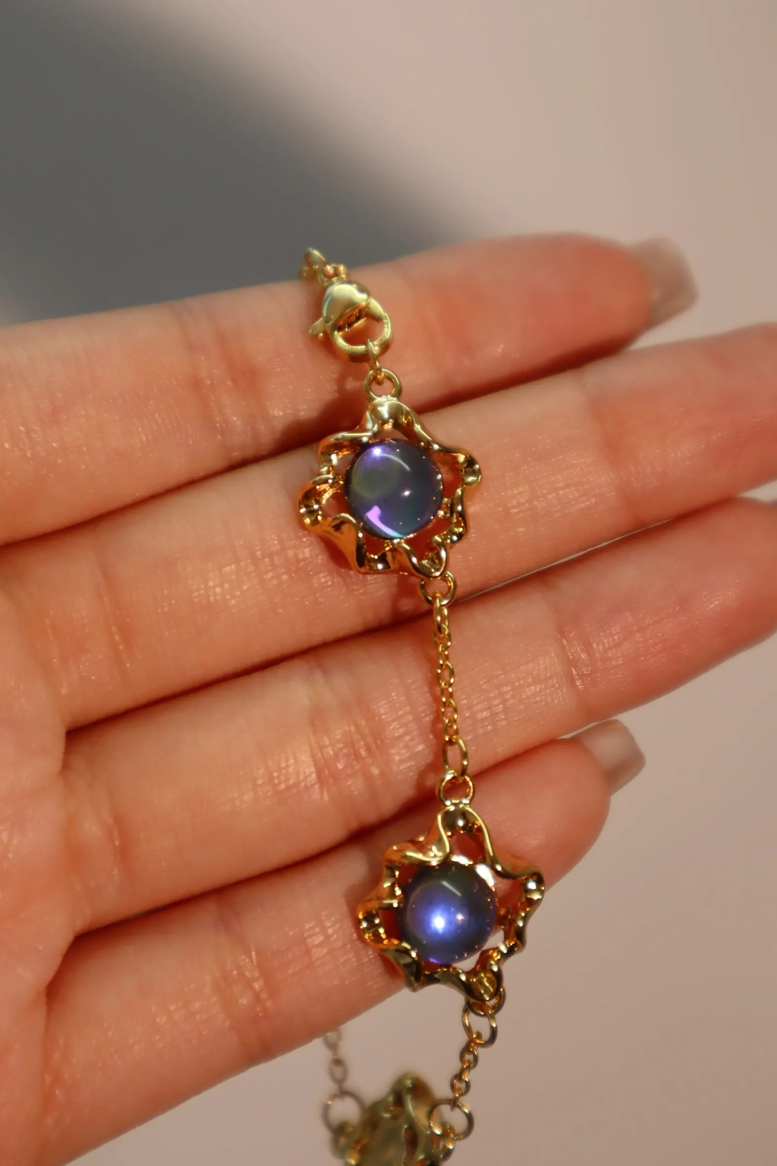 18K Real Gold Plated Multi Deep Blue Moonstones Bracelet